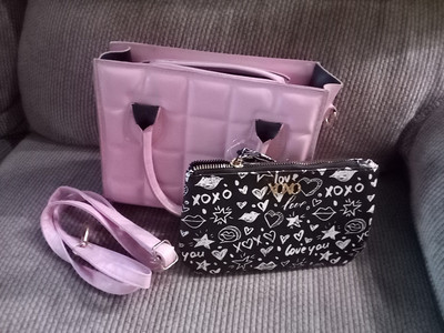 Pink Faux Leather Quilted Look Hand Bag With Detachable Strap Bonus Make-up...