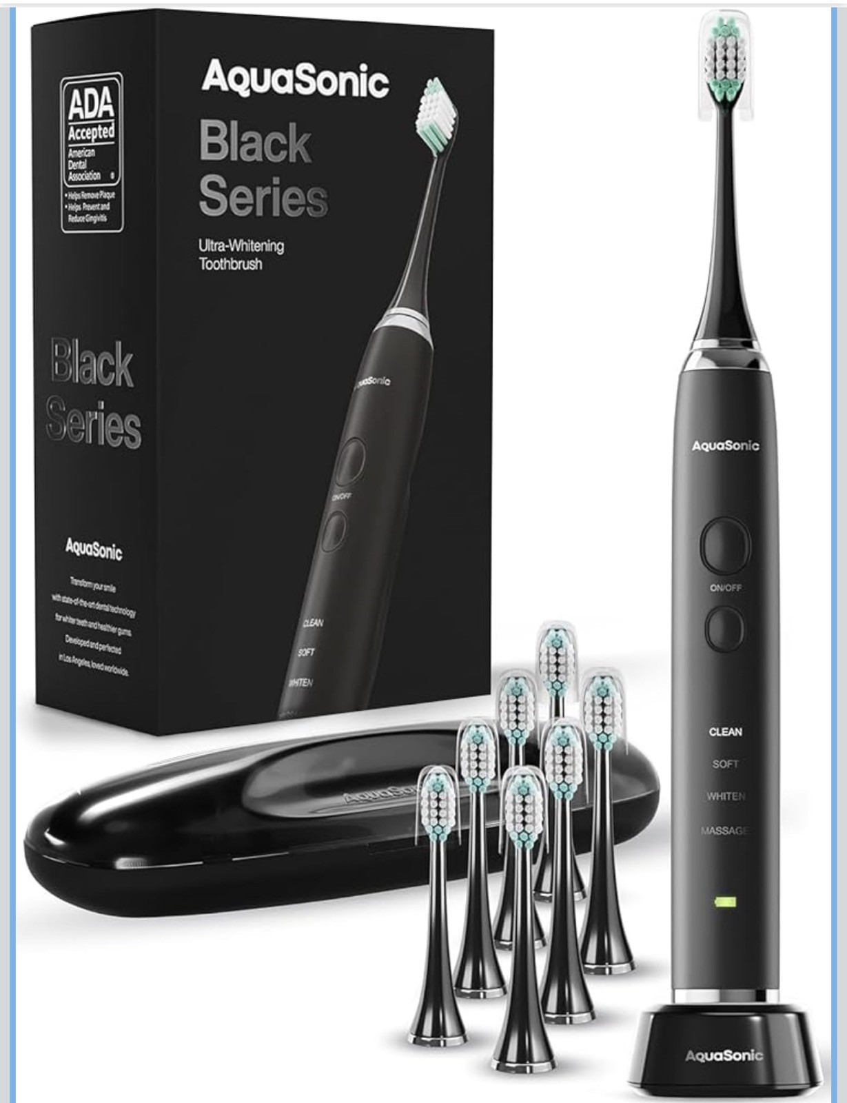 AquaSonic Black Series Electric Toothbrush 8 Heads Travel Case NEW SEALED