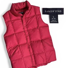 Lands End Kids L 14-16 Down Puffer Vest Full Snap Hand Warmer Pockets Pink Nylon
