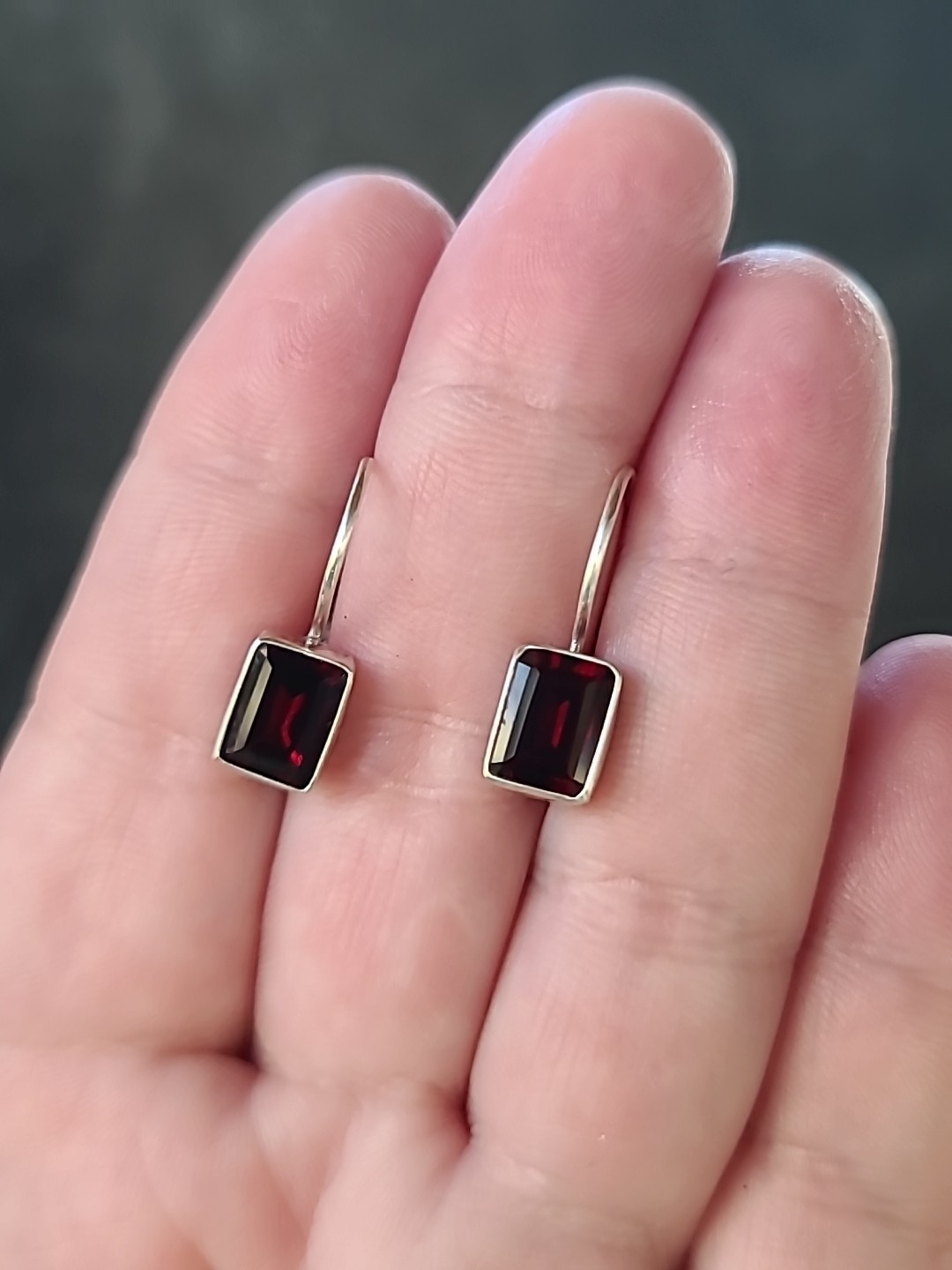 925 Sterling Silver Garnet Rectangular Dangling L… - image 3