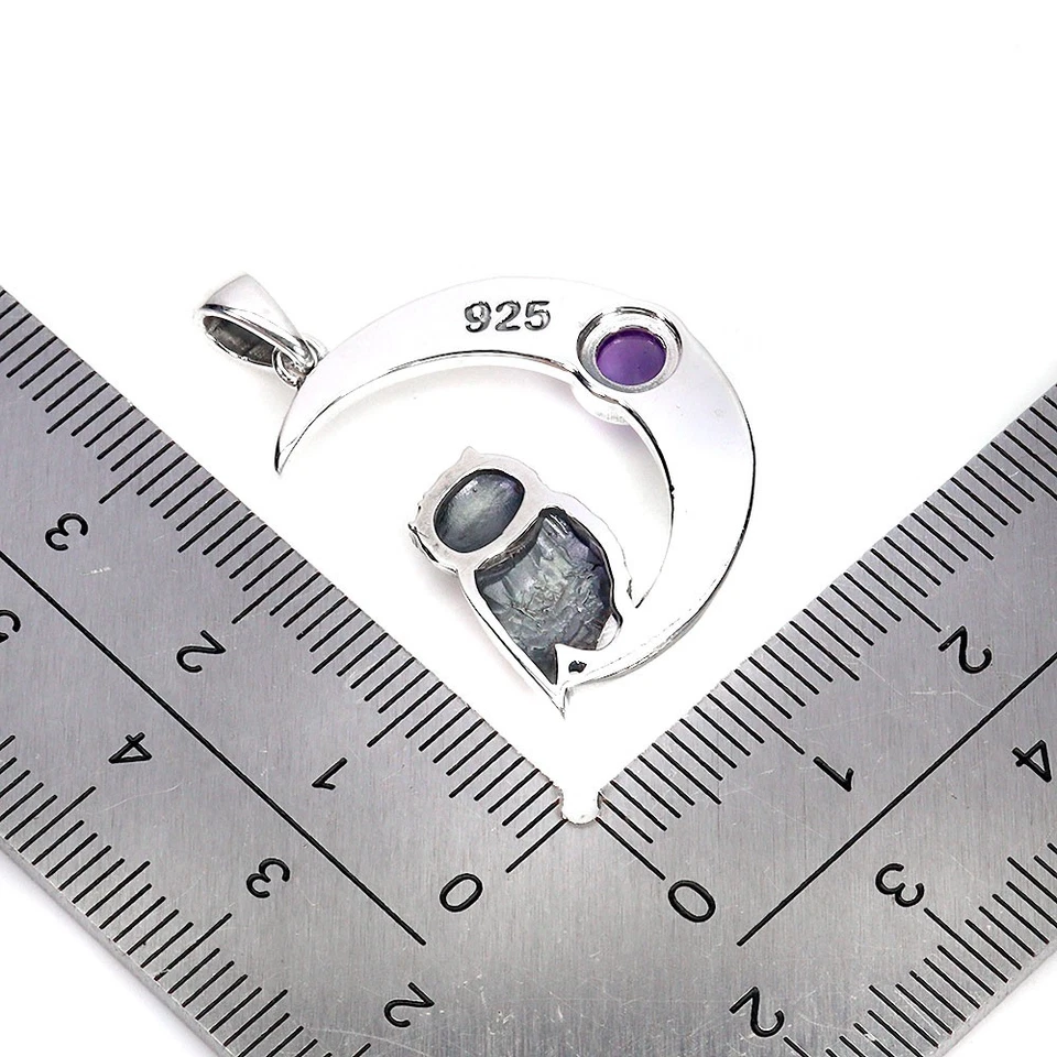 925 Pendente Argento Sterling Rotondo Ametista 4mm Gufo Naturale Gemma Gioielli - Immagine 3 di 4