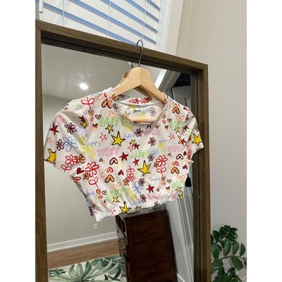 Aerie Smoothez Mini Crop Top White Multi Graphic Seamless Hearts Happy Lounge  M