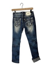 Miss Me Blue Denim Cuffed Straight Signature Jeans Size 26 Embroidered