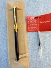 S.T. Dupont Art Nouveau Black Lacque de Chine Gold Trim Fountain Pen F 18 K Conv