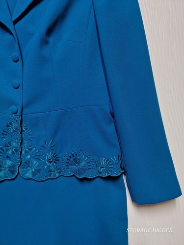 John Mayer 2 Piece Skirt Suit Women's 16 Blue Floral Embroidered Notch Lapel - Picture 4 of 16