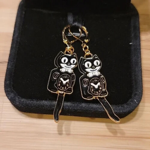 Black Kit-cat klock kat clock earrings black & gold - Picture 3 of 6