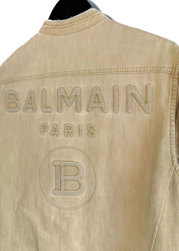 Balmain Beige 3D Logo Distressed Denim Snap Shirt - SMALL - Picture 3 of 9