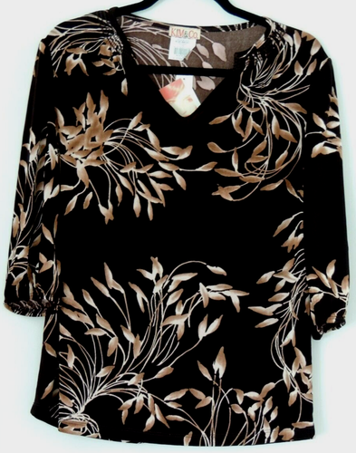 NEW KIM CO BRAZIL KNIT GATHERED V NECK TOP ELBOW SLEEVES DARK BROWN PRINT L - Picture 2 of 3