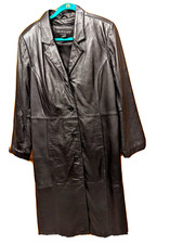 Centigrade Women's Zip Out Lining Black Leather Button Up Trench Coat Sz Large