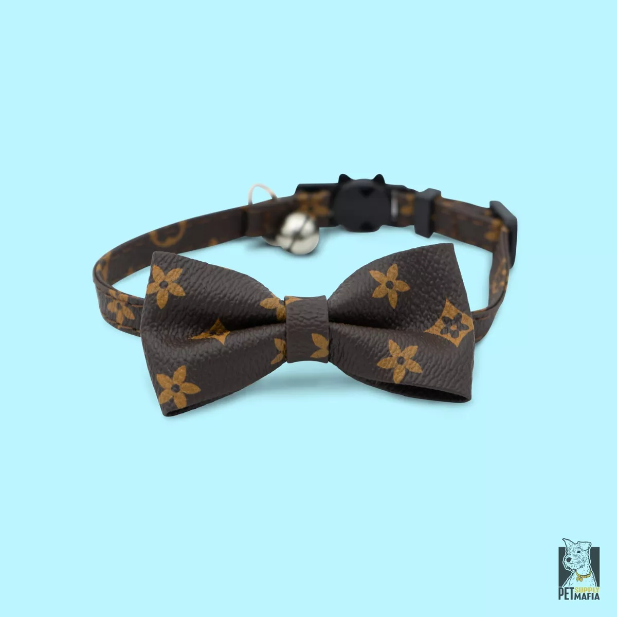 Brown Designer Cat Collar Breakaway - Bow tie Removable Kitten Bell LV  Leather