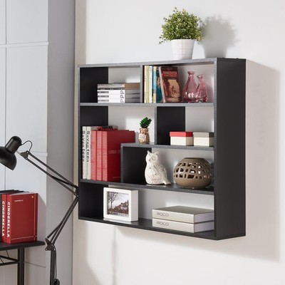 Black Floating Wall Shelf Unit, Asymmetrical 6-Cubby Storage Display, EZ Install
