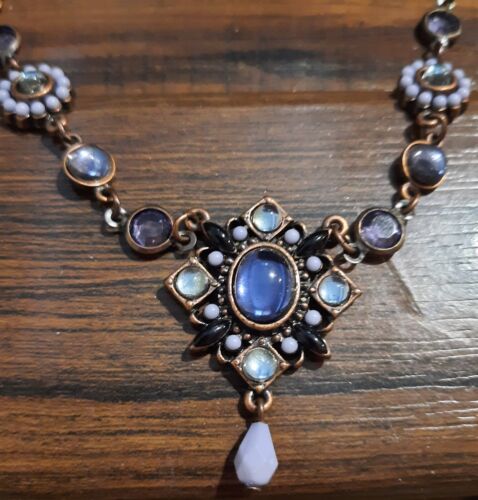 Collana Avon SP stile vittoriano tono rame 18" perline fiori pietra ovale blu - Foto 2 di 9