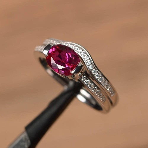 Pink Ruby Stack Ring Lab Created Gemstone 925 Sterling Silver Women Minimal Ring - Picture 3 of 5