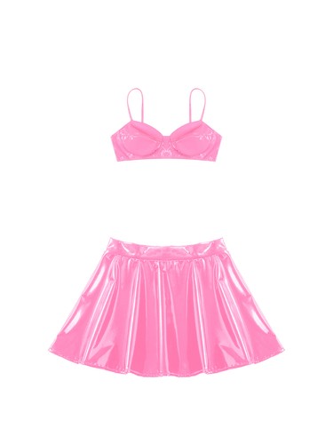 Womens Clubwear 2-Piece Bra Top With Flared Skirt No Pad Lingerie Set Open Bust - Picture 14 of 39