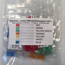 70 of 2x5x7 Rectangular LED’s, Colloid Diffused,7 Colours,10 Each R,YG,Y,W,G,B,O