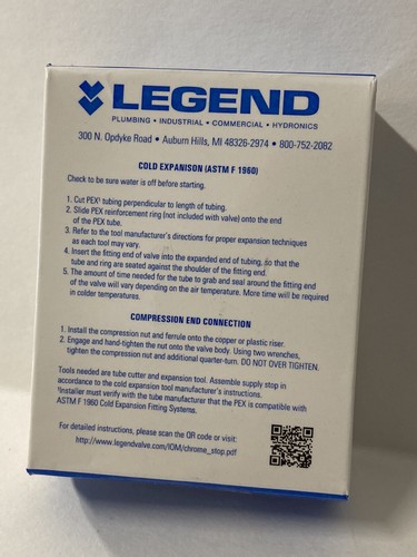 Legend 114-606NL 1/4 Turn Angle Stop Chrome 1/2” F1960 Pex X 3/8 Od Compression - Picture 3 of 3