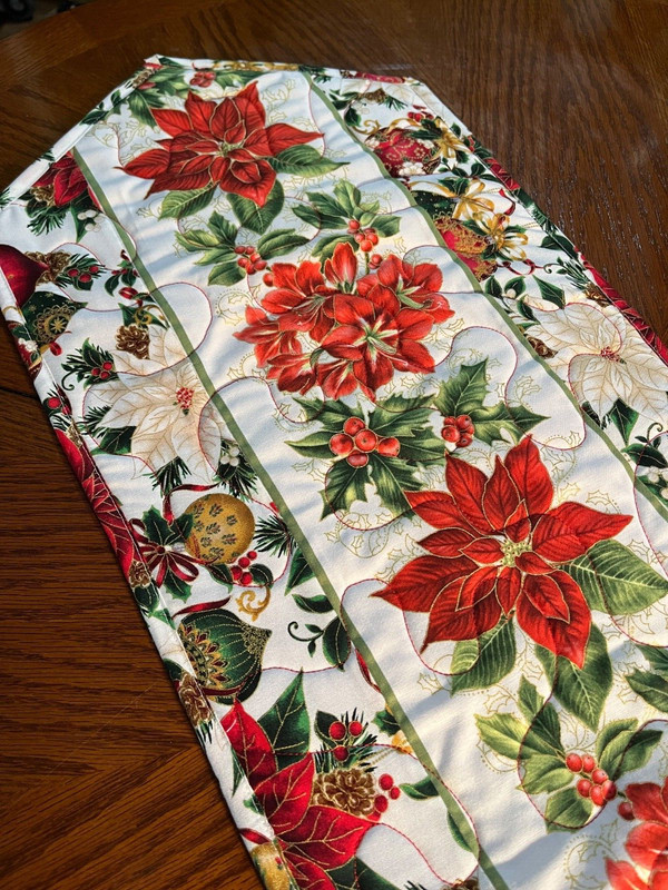 Handcrafted-Quilted Table Runner- Christmas-Poinsettias & Ornaments New 11/24