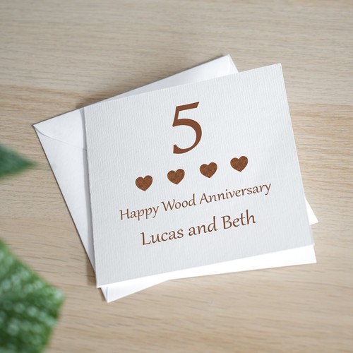 Personalisierte Karte zum 5. Hochzeitstag Handarbeit Holz Jubiläumskarte - Bild 1 von 3