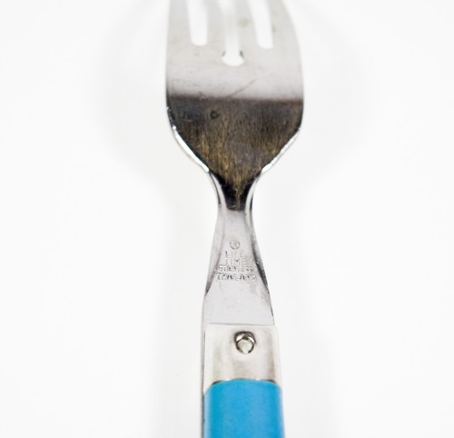 Set of 7 Life Time Salad Forks with Aqua Blue Riveted Handle Stainless Thailand - Picture 3 of 3