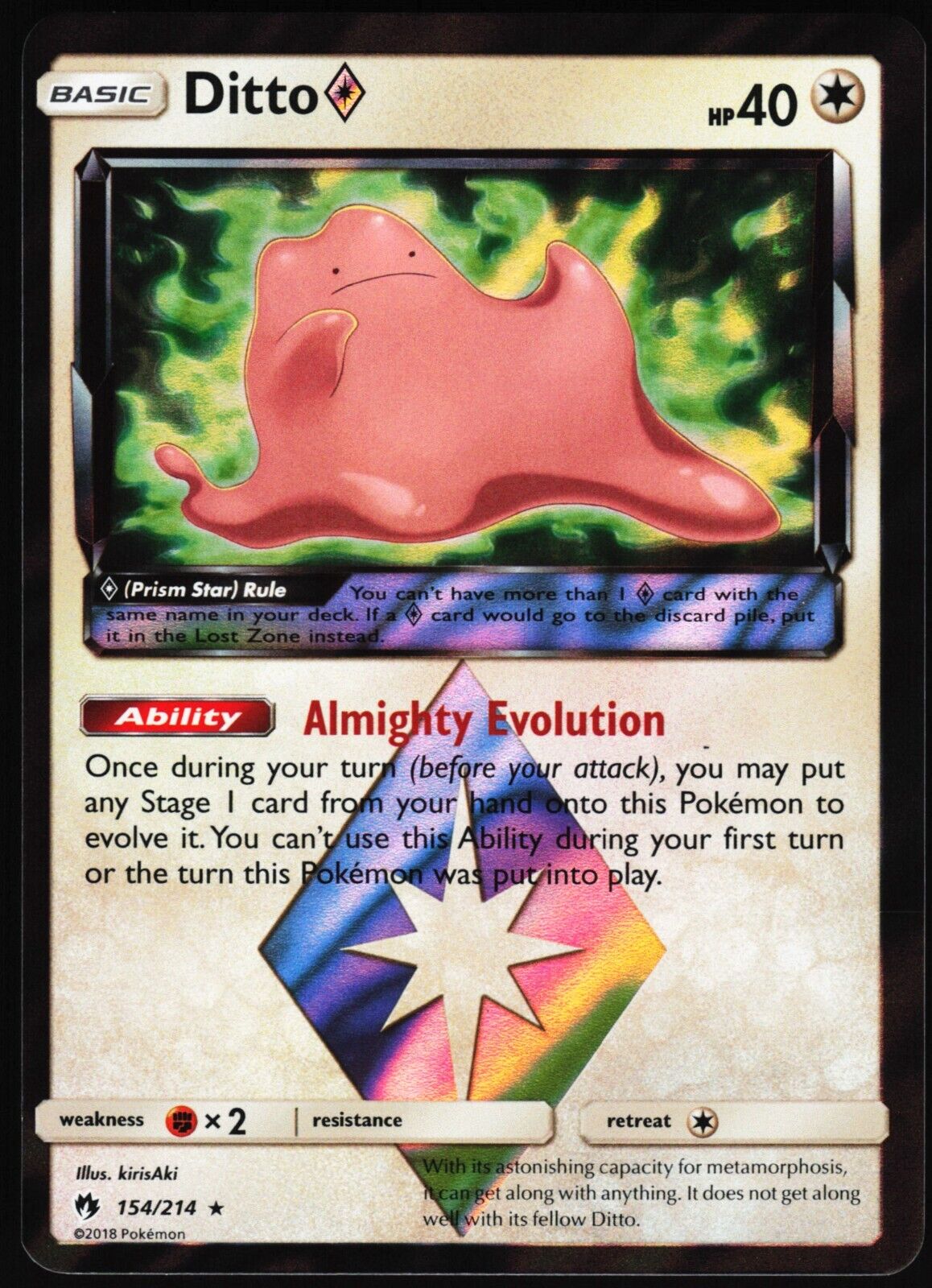 Pokemon Ditto 154/214 Lost Thunder Holo Prism Holo Rare Mint