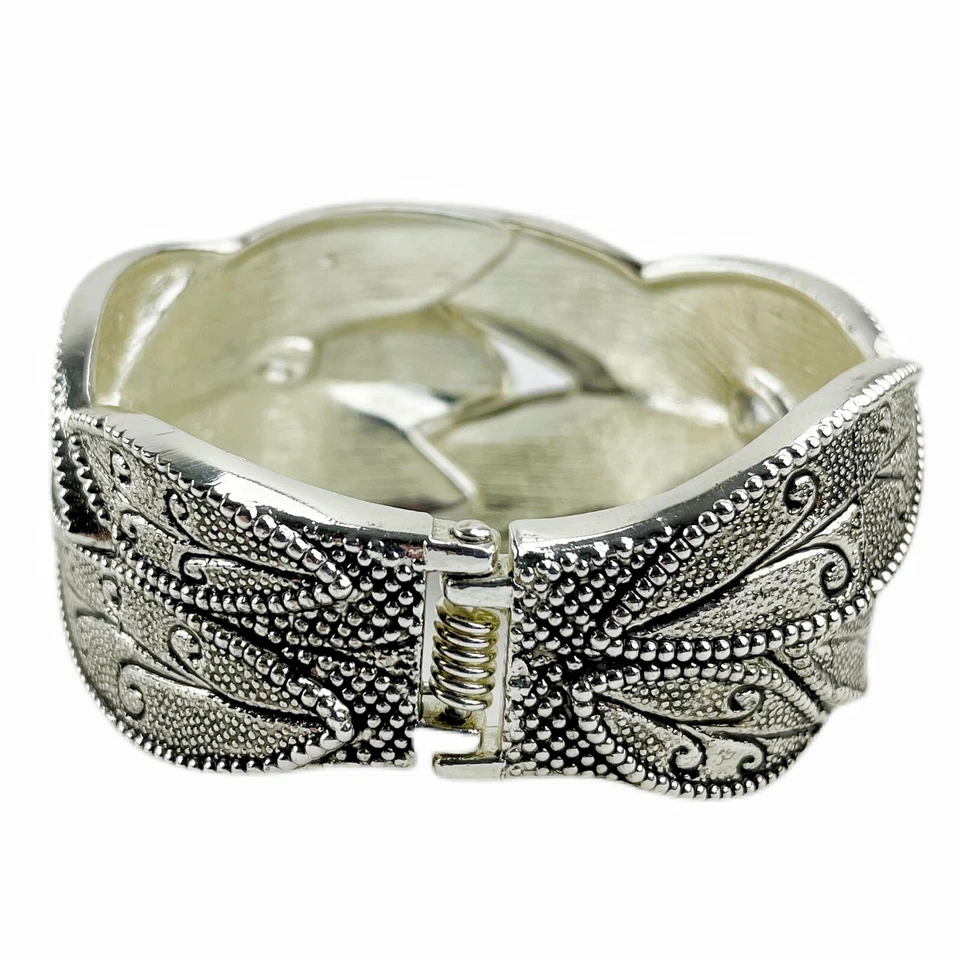 Brazalete Brazalete con Bisagras Hoja Marcasita Grueso Ancho Tono Estaño Metal Declaración Foto 4 de 4