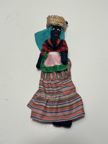 Primitive Handmade Black Dolls With Straw Basket On Head Colorful Beautiful Vtg - Picture 3 of 8
