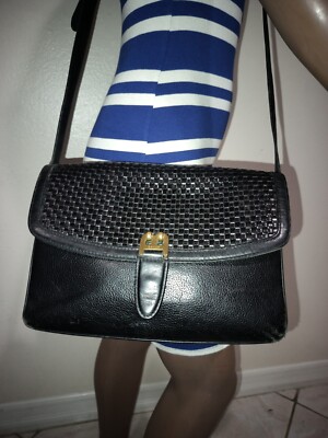 Bally Black Pebbled and Woven Leather Crossbody Shoulder Bag Bally Black Pebbled and Woven Leather Crossbody Shoulder Bag