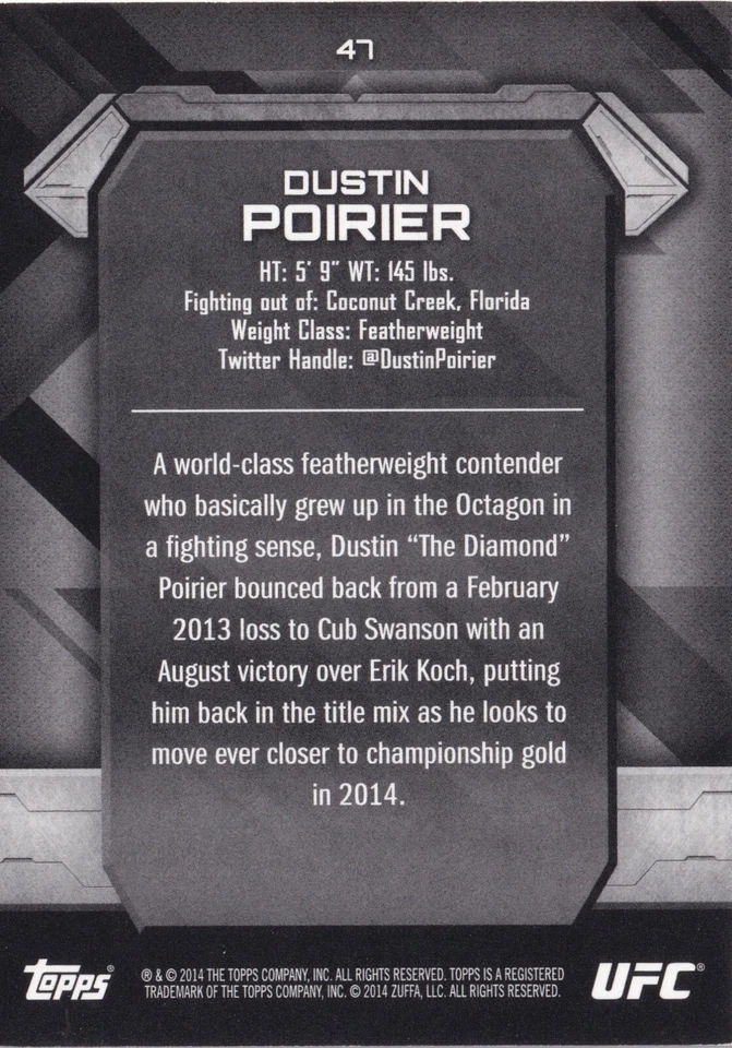 Dustin Poirier UFC 2014 Topps Knockout Green Card #47 #/99 257 242 236 208 178 - Image 2 of 4