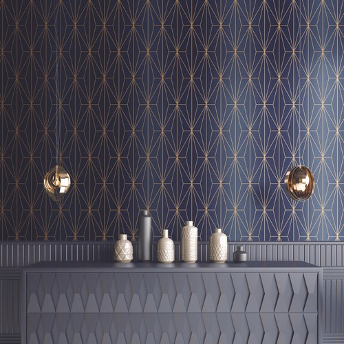 Diamond Triangle Geometric lines wallpaper navy blue bronze Metallic Textured 3D - Picture 8 of 8