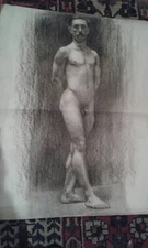 Antique Large Male Nude Drawing Late 19th Century Era