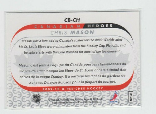 09/10 OPC Team Canada Chris Mason Canadian Heroes card #CB-CH - Picture 2 of 2