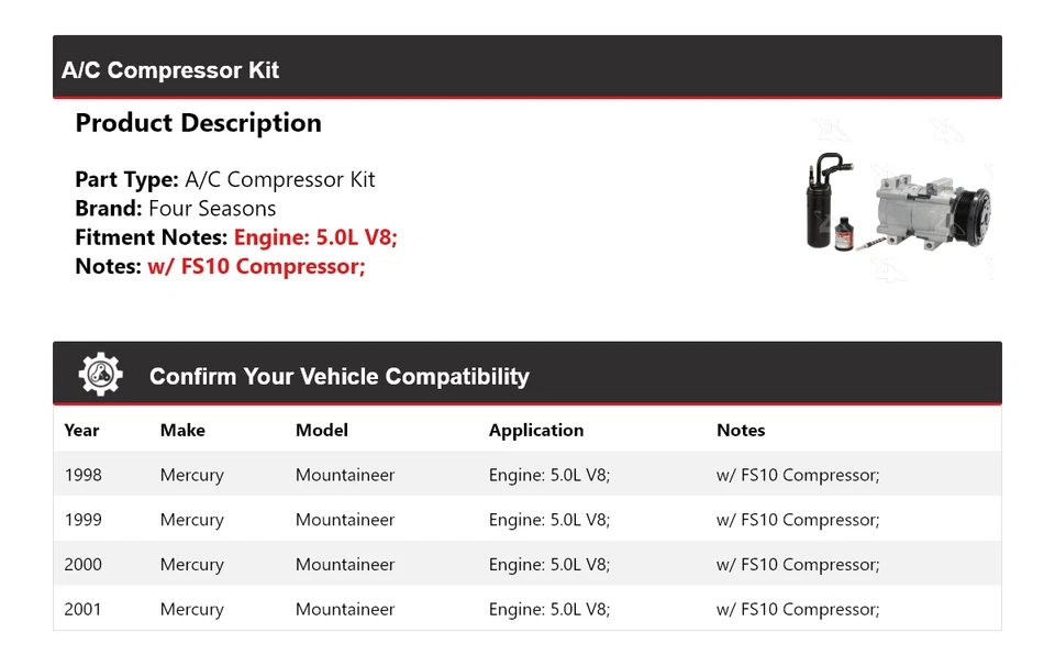 Kit compresor aire acondicionado Mercury Mountaineer 1998-2001 5,0 L V8 4 estaciones 1999 2000 Foto 2 de 4