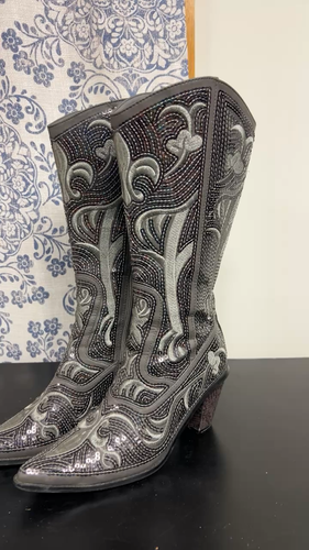 Helen’s Heart Gray Sequin Faux Leather Western Cowboy Boots Embroidered Heeled 8 - Video 1 of 1
