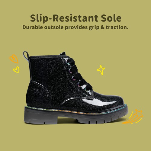 Kids Girls Boys Youth Glitter Ankle Boots Side Zipper PU Leather Combat Boots - Picture 3 of 25