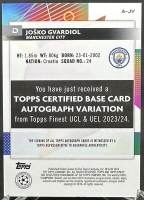 Josko Gvardiol 2023-24 Topps Finest UEFA Autograph Blue /150 #A-JV