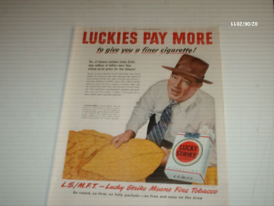 1950  lucky strike Vintage print ad. Luckies pay more