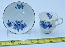 Crown Staffordshire England Footed Blue Flowered Tea Cup and Saucer