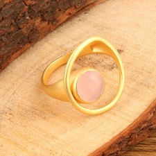 Lovely Design 8 mm Pink Chalcedony Gemstone Dull Gold Plated Adjustable Ring
