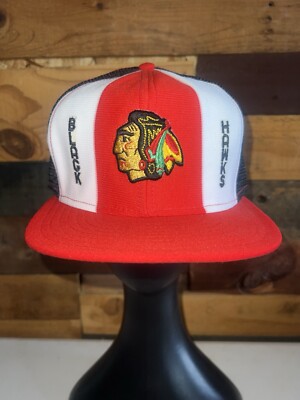 Vintage 80s Chicago Blackhawks NHL Hockey Red Snapback Hat AJD Lucky Stripes