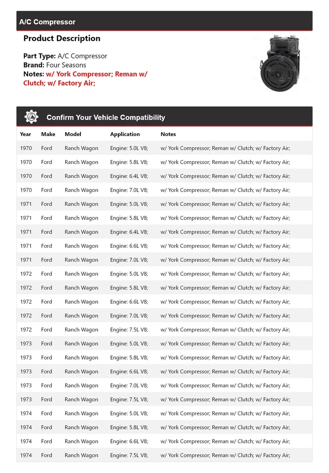 Compresor de aire acondicionado Ford Ranch Wagon 1970-1974 4 estaciones 1971 1972 1973 Foto 2 de 4