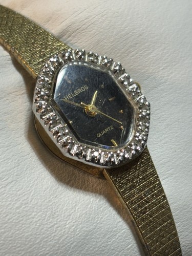 Vintage Helbros Women’s Dress Watch Diamonds On Bezel Gold Tone New Battery - Picture 3 of 24