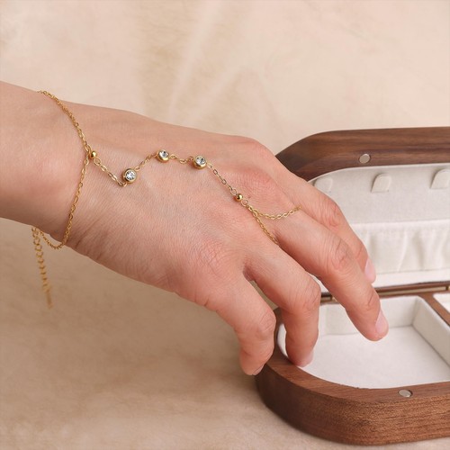 Gold Kristall Hand Kette Ring Armband für Damen, zierlicher Strass CZ Edelstahl - Bild 3 von 7