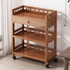 Wooden 3-Tier Rolling Storage Cart with Drawer, Kitchen Trolley on Wheels