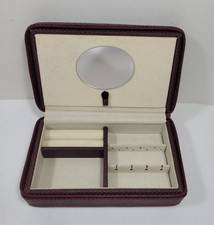Zippered Travel Jewelry Box, 7.5"x4.5"x2.3", Pebbeled Maroon Faux Leather Cover