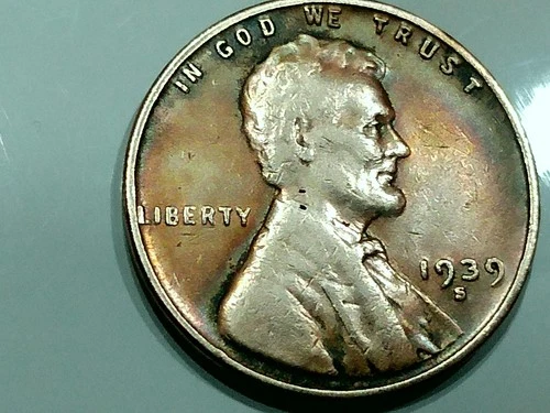 1939-S us copper penny - rb - 3.1 gr. - cir. - good stamp - lite tone - full rim