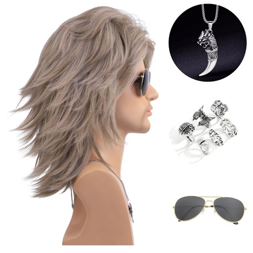 Mullet Wigs Sets with Necklace and 6pcs Metal Punk Rocker Rings and Sunglasse... - Picture 2 of 9