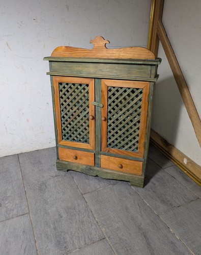 Vintage Rustic Country Pine Wood Wall Cabinet Green Lattice Doors Shelf Cottage