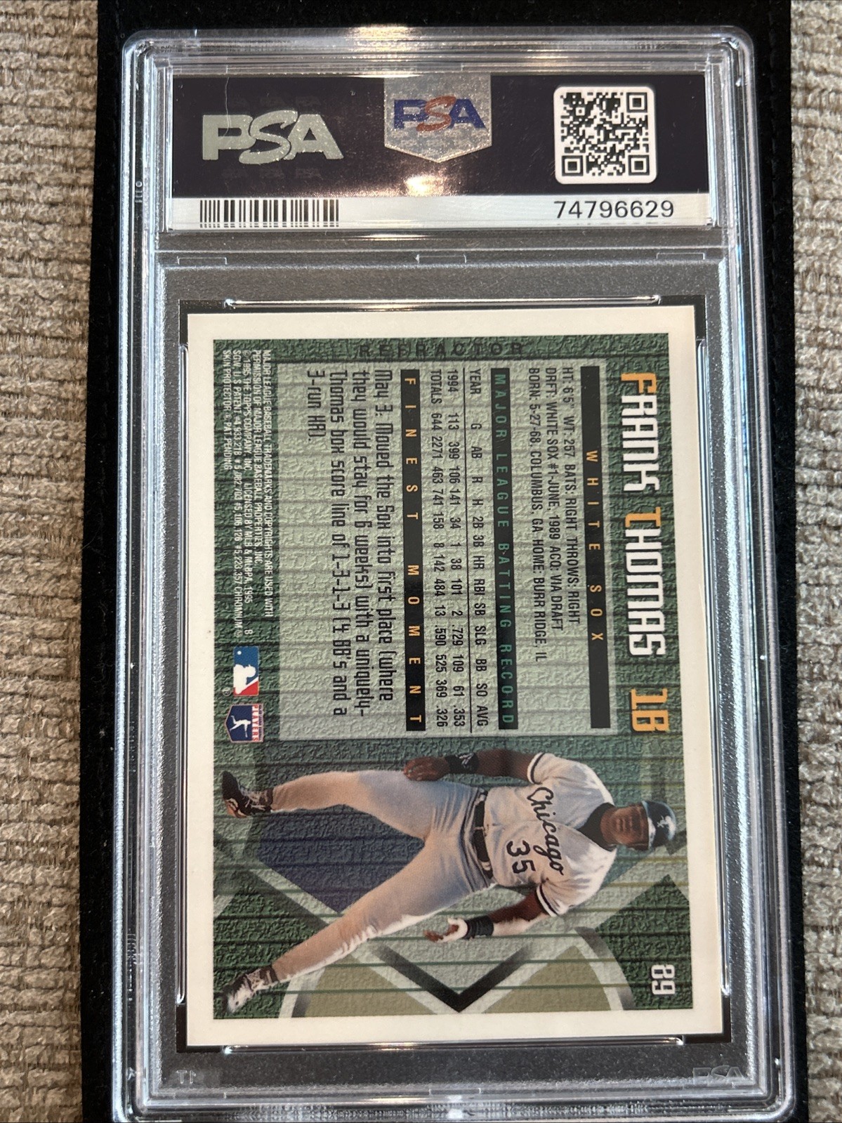 Frank Thomas 1995 Finest Refractor W/coating PSA 9 Mint White Sox HOF SP view 2