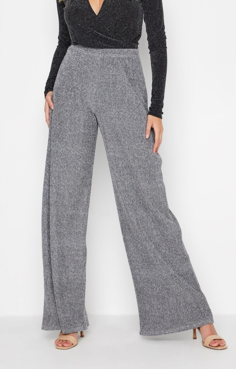 Pantalón Alto LONG TALL SALLY Negro Metálico Plateado Brillo Pierna Ancha Reino Unido 26/28