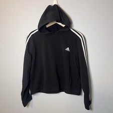 Adidas Cropped Hoodie Women s XL Black 3 Stripe Sweatshirt Pullover Workout Gym